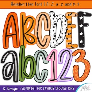 May include: A digital graphic set featuring a handwritten font with letters A-F and numbers 1-3. The characters display various patterns including solid orange, peach, spider webs, bats, stars, green, pink, purple, and orange leopard print designs.