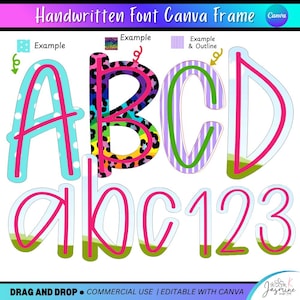 May include: A digital design featuring the letters A, B, C, D, a, b, c, and the numbers 1, 2, 3. The letters and numbers have various designs, including polka dots, leopard print, and stripes. The words "Handwritten Font Canva Frame" are at the top.