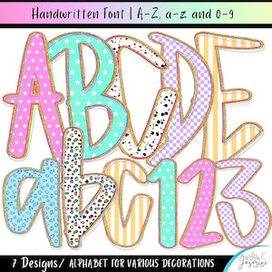 May include: A selection of colourful alphabet letters and numbers, featuring patterns like polka dots, stars, and stripes. The letters and numbers are outlined with gold glitter. The image includes the text "Handwritten Font | A-Z, a-z and 0-9".