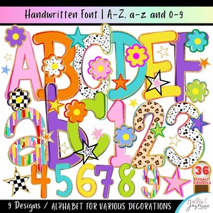 May include: Colorful alphabet and number designs with floral and star accents. The image includes the letters A through F and the numbers 1 through 9. The text "Handwritten Font | A-Z, a-z and 0-9" is at the top.