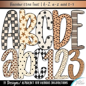 May include: A digital graphic set featuring a handwritten font with letters A-E, a-c, and numbers 1-3. Each character displays unique patterns including black and white checkers, brown stars, black polka dots, leopard print, and horizontal stripes.