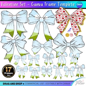 May include: A collection of bow illustrations in various sizes and styles, with a Valentine's Day theme. The bows are primarily light blue with green accents, and one bow features a heart pattern. Text includes "Valentine Set - Canva Frame Templete".