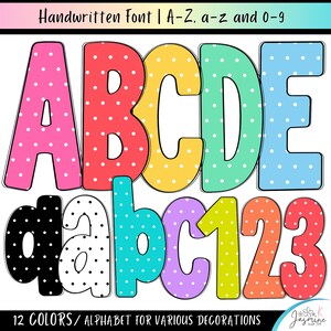 May include: A digital graphic set featuring uppercase letters A through E, lowercase letters a through c, and numbers 1 through 3. Each character is rendered in a bold, rounded font with a white polka dot pattern on various solid colours.