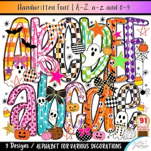 May include: A digital alphabet set featuring uppercase and lowercase letters decorated with Halloween motifs including ghosts, pumpkins, skulls, bats, stars, bows, and checkered patterns. The text reads Handwritten Font | A-Z, a-z and 0-9.