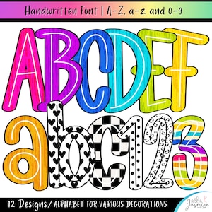 Könnte beinhalten: Ein digitales Grafikset mit dem Text Handwritten Font | A-Z, a-z and 0-9 oben und 12 Designs / ALPHABET FOR VARIOUS DECORATIONS unten. Das Bild zeigt Großbuchstaben A-F in leuchtenden Farben sowie Kleinbuchstaben a-c und Zahlen 1-3 mit verschiedenen Mustern, darunter Herzen, Karos, Punkte, Leopardenmuster und horizontale Streifen.
