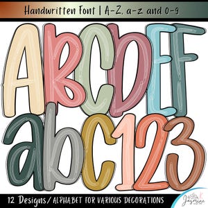 May include: A digital graphic set featuring a handwritten font with uppercase letters A-F, lowercase letters a-c, and numbers 1-3. Each character is rendered in various muted colors including beige, pink, sage green, blue, and brown with a white line texture.