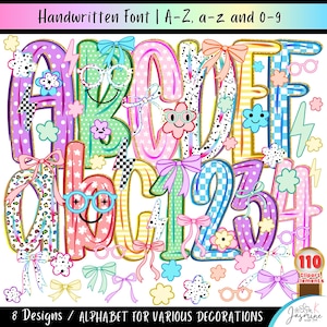 Puede incluir: Diseños coloridos de letras y números con lazos, gafas y detalles florales. La imagen presenta las letras A a la F y los números del 1 al 4, con el texto "Handwritten Font | A-Z, a-z and 0-9" en la parte superior. El texto inferior dice "8 Designs / ALPHABET FOR VARIOUS DECORATIONS".