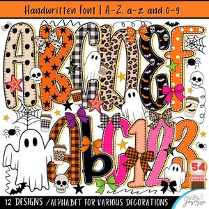 Peut inclure: Un ensemble numérique de lettres et de chiffres avec des motifs sur le thème d'Halloween, incluant des fantômes, des crânes, des araignées, des toiles, des tasses de café et des nœuds. Les caractères présentent des imprimés léopard, écossais et à pois.