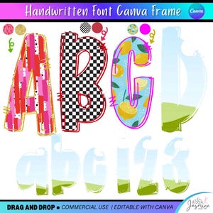 May include: Colorful digital alphabet letters and numbers. The letters A, B, and C are decorated with patterns including pink brushstrokes, black and white checkerboard, and lemons. The numbers 1, 2, and 3 are also visible. The text "Handwritten Font Canva Frame" is at the top.