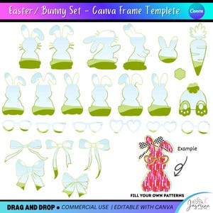Puede incluir: Un conjunto de plantillas de marcos de Canva con temática de Pascua, que incluye formas de conejos, zanahorias, lazos y gafas. El diseño incluye el texto "Easter / Bunny Set - Canva Frame Templete" y "FILL YOUR OWN PATTERNS".