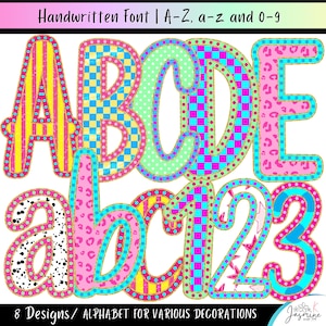 May include: A digital alphabet and number set featuring uppercase letters A through E and lowercase letters a through c, plus numbers 1 through 3. Each character displays distinct patterns including stripes, checkers, polka dots, and leopard prints.