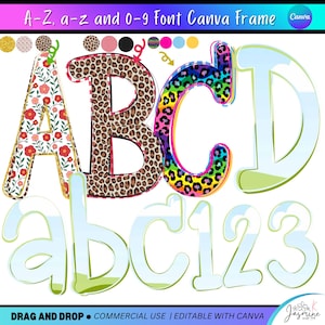 May include: A digital design showing the letters A, B, C, D, a, b, c, and the numbers 1, 2, 3. The letters and numbers are decorated with patterns such as floral, leopard print, and rainbow designs. The text "A-Z, a-z and 0-9 Font Canva Frame" is at the top.