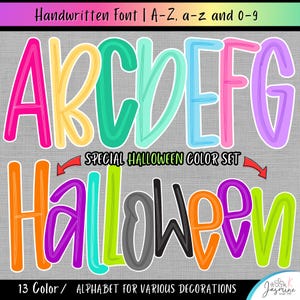 May include: A digital graphic featuring the text Handwritten Font | A-Z, a-z and 0-9 at the top, followed by colourful uppercase letters A through G. Below, the text Special Halloween Colour Set appears, with the word Halloween in multicoloured letters.