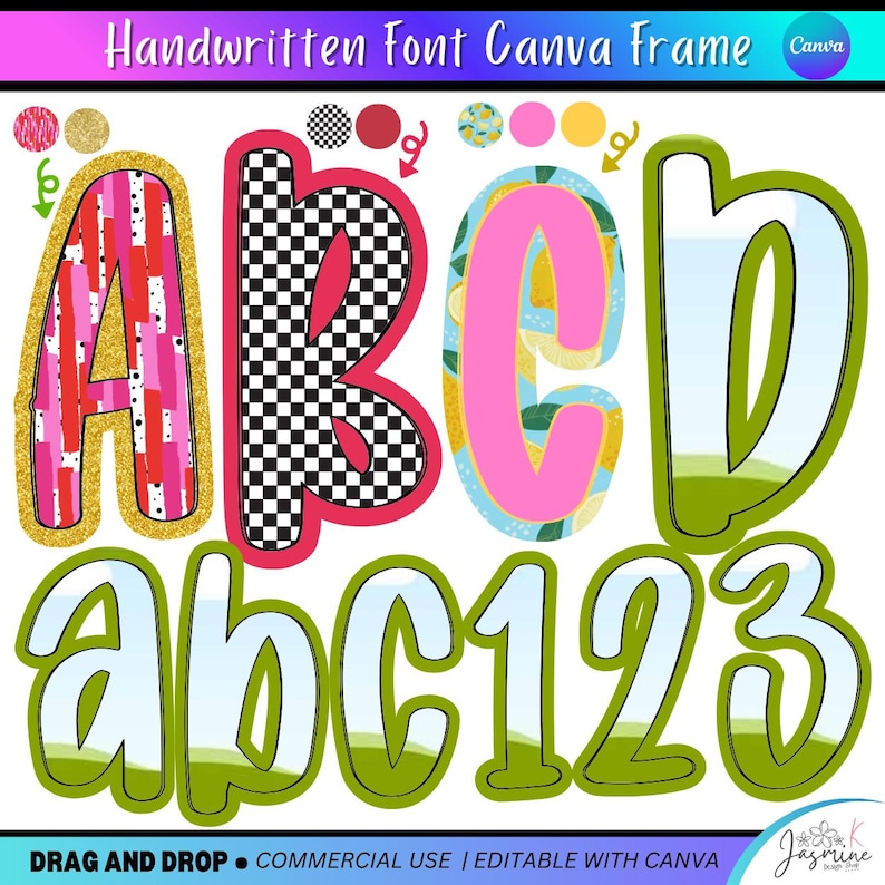 May include: A vibrant Canva font frame displaying the letters A, B, C, D, a, b, c, and numbers 1, 2, 3. The letters are decorated with diverse patterns, including pink, gold, and checkered designs. The text "Handwritten Font Canva Frame" is at the top.