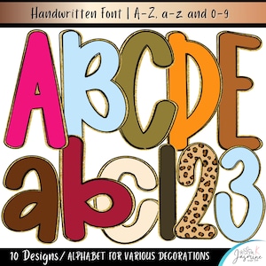 May include: A digital graphic set featuring a handwritten font with uppercase letters A through E, lowercase letters a through c, and numbers 1 through 3. The characters display various solid colours and a leopard print pattern, all outlined in a gold border.