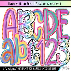 May include: A digital alphabet set featuring uppercase letters A-E, lowercase letters a-c, and numbers 1-3 in a handwritten font style. The characters display vibrant gradients of pink, purple, yellow, and teal, with dotted outlines and patterns.