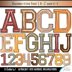 May include: A digital graphic set featuring the alphabet from A to Z and numbers 0 to 9 in a blocky, handwritten style. Each character displays a textured, multi-colored outline with a solid fill, presented in nine distinct earth-toned color variations.