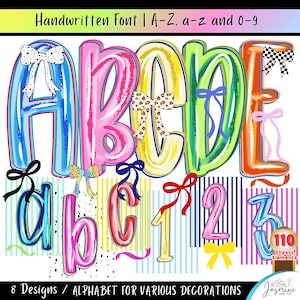 Pode incluir: Conjunto vibrante de designs de alfabeto e números, com laços. As letras maiúsculas A a E, as minúsculas a a c e os números 1 a 3 são exibidos. O texto "Handwritten Font | A-Z, a-z and 0-9" está visível no topo.