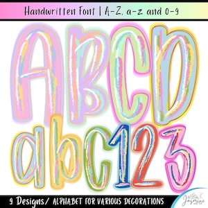 May include: A digital graphic featuring the text Handwritten Font | A-Z, a-z and 0-9 at the top and 9 Designs / ALPHABET FOR VARIOUS DECORATIONS at the bottom. The centre displays colourful, textured uppercase letters A, B, C, D, lowercase a, b, c, and numbers 1, 2, 3.