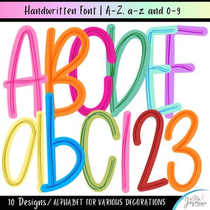 Könnte beinhalten: Eine digitale Grafik mit dem Text Handwritten Font | A-Z, a-z and 0-9 oben und 10 Designs / ALPHABET FOR VARIOUS DECORATIONS unten. In der Mitte sind handgezeichnete Buchstaben A, B, C, D, E, a, b, c sowie die Zahlen 1, 2, 3 in den Farben Pink, Orange, Blau, Grün, Gelb, Lila und Rot dargestellt.
