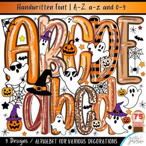 Alphabet d'Halloween style preppy (clipart png), ensemble de lettres et chiffres d'automne, citrouille, fantôme, alphabet pour sublimation, ensemble alphabet d'automne