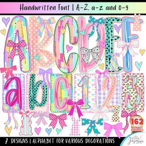 Könnte beinhalten: Buntes digitales Alphabet und Zahlen mit Schleifen, Herzen und Hasenmotiven. Das Bild zeigt die Buchstaben A-F und die Zahlen 1-3, mit dem Text "Handwritten Font" und "7 DESIGNS | ALPHABET FOR VARIOUS DECORATIONS".