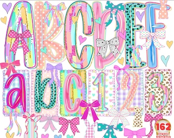 Preppy Summer Alphabet png clipart, Letter and Number Bundle, Beach Vibes Doodle, Sublimation Alpha set, Coquette Summer Png