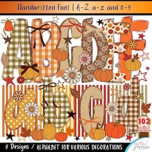 May include: A digital alphabet set featuring uppercase and lowercase letters decorated with autumn themes including orange pumpkins, brown and white gingham patterns, floral prints, brown leaves, and stars with the text Handwritten Font | A-Z, a-z and 0-9.
