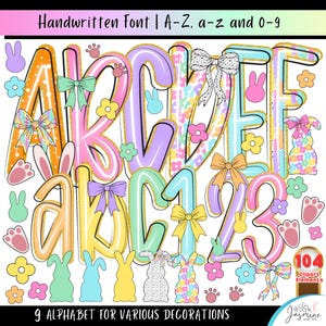 May include: A colorful digital alphabet set with uppercase and lowercase letters, plus numbers, decorated with bows, flowers, and bunny silhouettes. The text reads "Handwritten Font | A-Z, a-z and 0-9" and "9 ALPHABET FOR VARIOUS DECORATIONS".