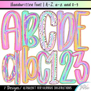 May include: Colorful handwritten font set featuring uppercase and lowercase letters, along with numbers 0-9. The letters and numbers have a pastel watercolor effect with gold outlines and black speckles. Text at the top reads "Handwritten Font | A-Z, a-z and 0-9".