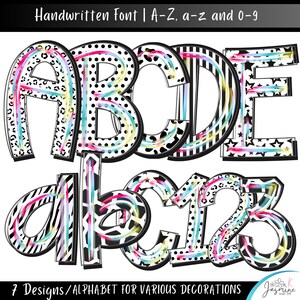 Pode incluir: Um conjunto de alfabeto digital com letras maiúsculas e minúsculas e números 0-9. As letras e os números têm um contorno preto e são decorados com padrões como estampa de leopardo, bolinhas e listras. O texto "Handwritten Font" está no topo.