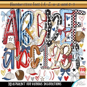 May include: A digital graphic featuring a baseball-themed alphabet and numbers. The letters and numbers are decorated with baseballs, stars, bows, and hearts in red, white, blue, and brown. The text at the top says "Handwritten Font | A-Z, a-z and 0-9".