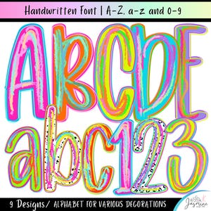 Pode incluir: Um gráfico digital exibindo uma fonte manuscrita com letras maiúsculas de A a E, minúsculas de a a c e números de 1 a 3. Os caracteres são renderizados em traços neon vibrantes e multicoloridos com texturas variadas.