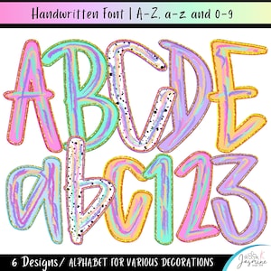 May include: Colorful handwritten font set featuring the alphabet letters A through E, lowercase letters a through c, and numbers 1, 2, and 3. The letters and numbers have a pastel rainbow design with gold outlines. The text at the top reads "Handwritten Font | A-Z, a-z and 0-9".