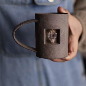 Handmade Ceramic Mug With Herkimer Quartz 8oz Crystal Coffee Cup Boho Home Decor Meditation Gift For Him Her Unique Artisan Stoneware