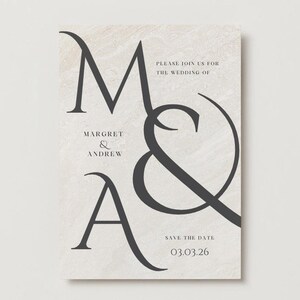 May include: Save the date wedding announcement with a white background and black calligraphy lettering. The announcement features the initials "M & A" with the names "Margret & Andrew" and the date "03.03.26".