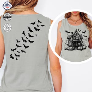 Comfort Colors®  Vintage Haunted House Tank Top, Halloween Tank Top, Summerween Tee, Vintage Halloween Tanks, Spooky Season Top, Bats Tee
