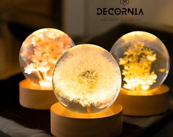 3D Dandelion Crystal Ball with LED Wooden Base – Glowing Glass Orb – Aesthetic Night Light – Boho Room Decor – Gift for Her – Bedroom Decoration