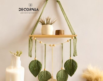 Boho Macrame Floating Shelf – Leaf Wall Hanging Shelf for Bedroom & Living Room – Handmade Bohemian Wall Decor, Aesthetic Shelf Display