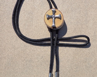 bolo tie, pewter cross on wood disk, religious gift for men