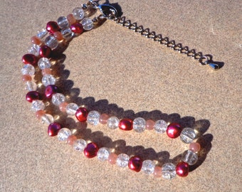 magenta pearl anklet, crackled glass, extension chain