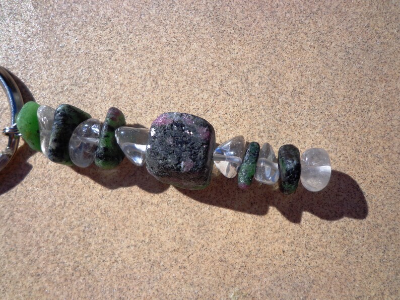 20/% OFF SALE Gemstones and Clear Quartz Large Gemstone Chips on Split Ring Ruby Crystals in Green Zoisite Key Ring