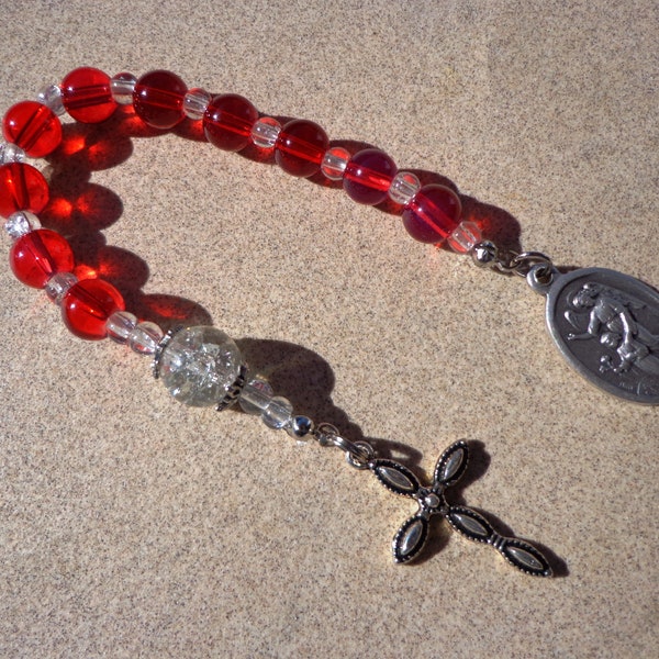 Guardian Angel rosary, silver tone cross, medal, red glass