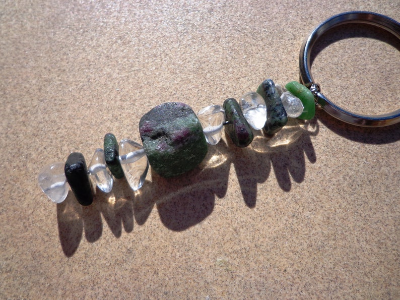 20/% OFF SALE Gemstones and Clear Quartz Large Gemstone Chips on Split Ring Ruby Crystals in Green Zoisite Key Ring