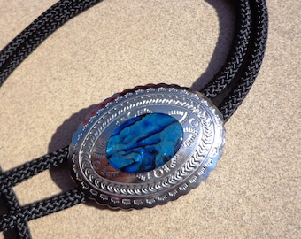 bolo tie, blue abalone iridescent shell, stamped concho