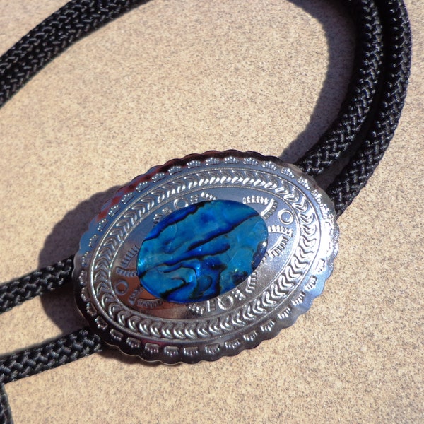 bolo tie, blue abalone iridescent shell, stamped concho