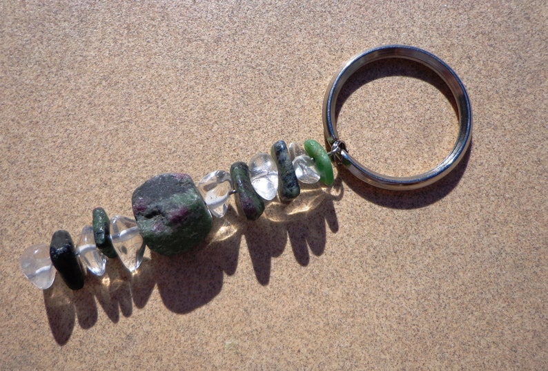 20/% OFF SALE Gemstones and Clear Quartz Large Gemstone Chips on Split Ring Ruby Crystals in Green Zoisite Key Ring