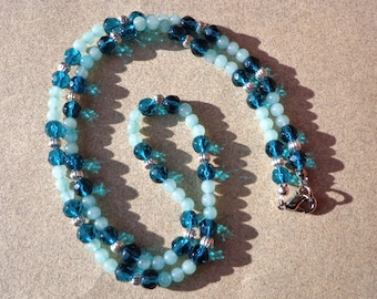 necklace, amazonite gemstones, teal glass, silver beads