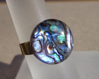 ring, abalone shell, iridescent, adjustable gold tone brass