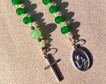 Saint Joseph rosary, silver cross, Italian medal, green bead